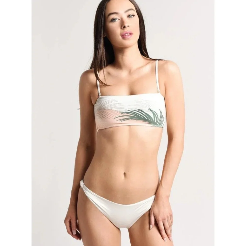 L*Space Clyde Bikini Top Large Peach Green Palm Print Strappy Bandeau Swim
